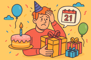 Man in party hat looking disappointed with gifts and cake around him, holding his head beside a calendar showing a missed birthday.