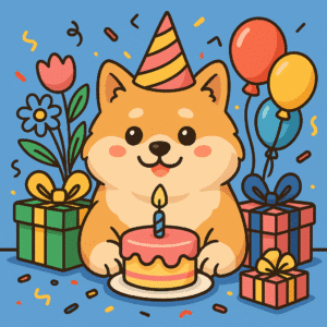 Cartoon Shiba Inu wearing a party hat at a birthday celebration with cake, gifts, balloons, and confetti.