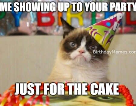 Grumpy cat in a party hat pretending to care about your birthday.