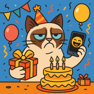 Cartoon grumpy cat at birthday party holding gift and phone.