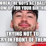 Guy holding back tears after his friends actually show up to celebrate