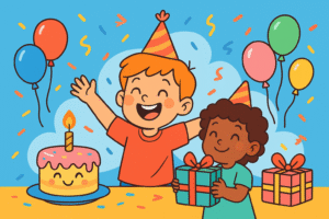 Cartoon kids celebrating a birthday with balloons, gifts, a smiling cake, and confetti in a cheerful party scene.