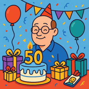 Cartoon man celebrating his 50th birthday with a cake, balloons, gifts, and festive decorations.