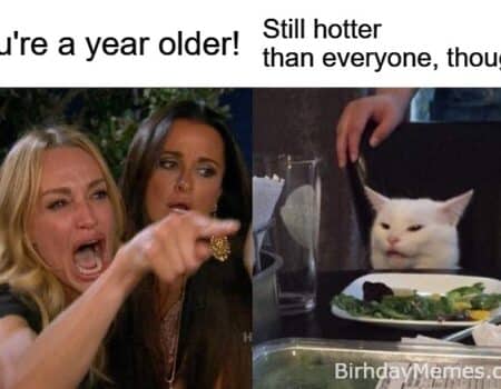 Birthday meme using the Woman Yelling at a Cat template, showing a woman yelling “You’re a year older!” and the cat replying “Still hotter than everyone, though.”