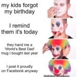 sequence of images showing a person applying clown makeup with captions about kids forgetting a birthday