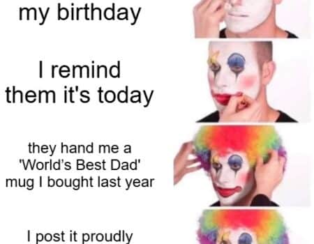 sequence of images showing a person applying clown makeup with captions about kids forgetting a birthday