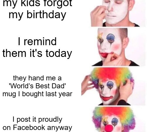 sequence of images showing a person applying clown makeup with captions about kids forgetting a birthday