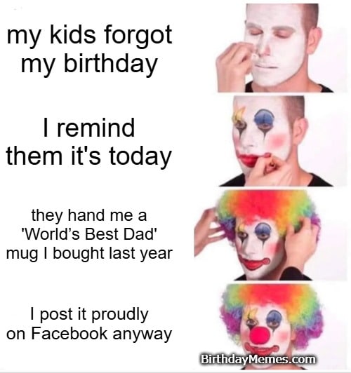 sequence of images showing a person applying clown makeup with captions about kids forgetting a birthday
