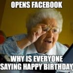older woman confused at computer meme reacting to unexpected birthday messages online