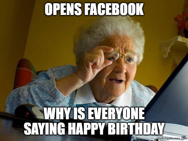 older woman confused at computer meme reacting to unexpected birthday messages online