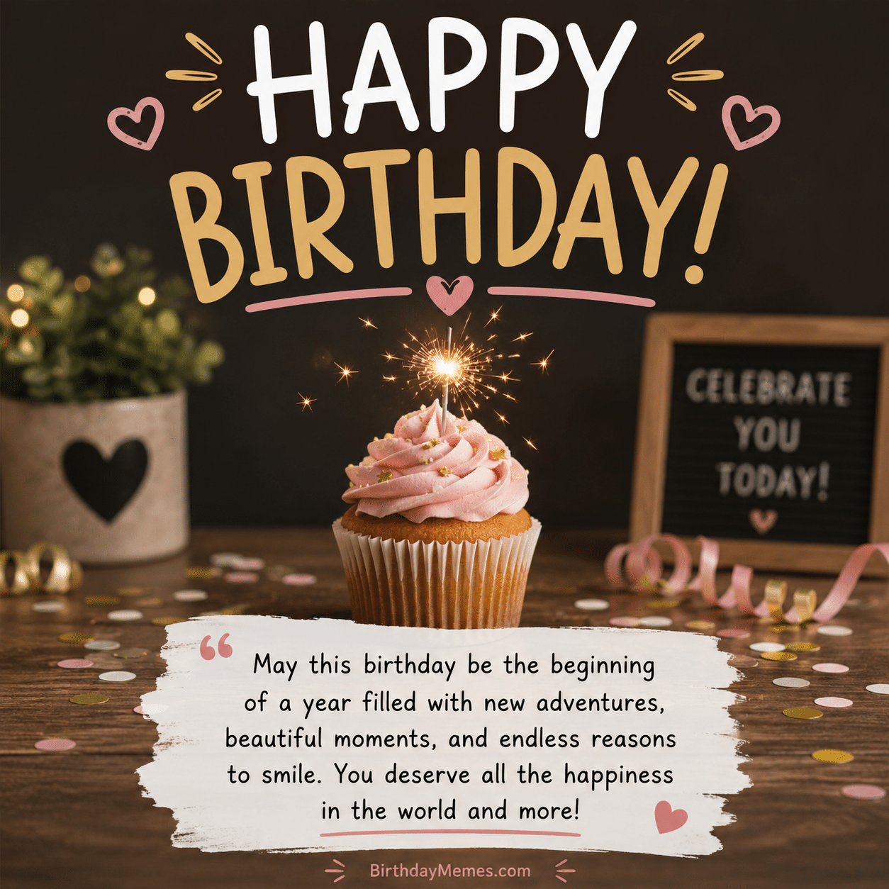 A cupcake with pink frosting and a sparkler, confetti, and a message wishing for a year of adventures and happiness.