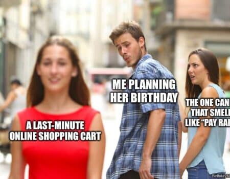 Man distracted by online shopping while planning her birthday.