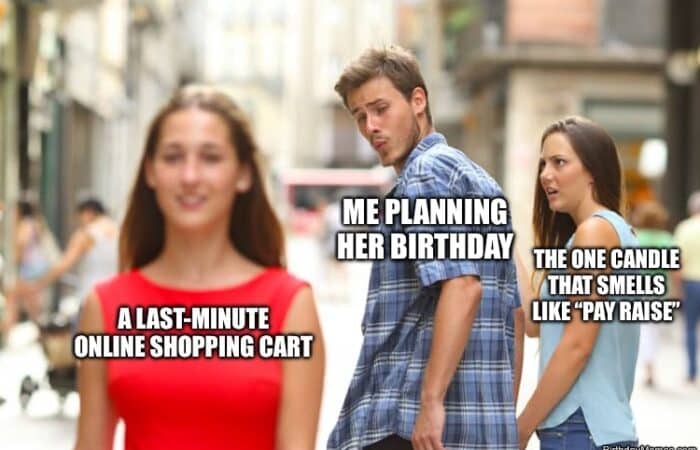 Man distracted by online shopping while planning her birthday.