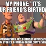Animated characters reacting to phone's constant birthday notifications.