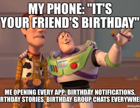 Animated characters reacting to phone's constant birthday notifications.