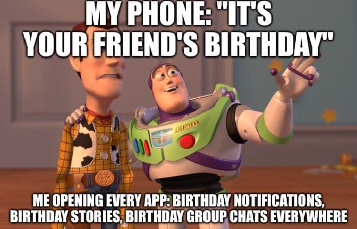 Animated characters reacting to phone's constant birthday notifications.