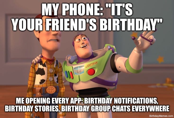 Animated characters reacting to phone's constant birthday notifications.