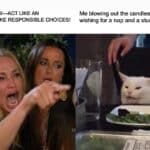 Woman yelling at a cat about turning 19 and adulting.