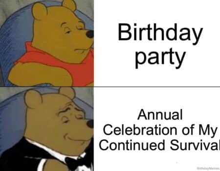 Pooh in a tuxedo turning a birthday party into a survival celebration.