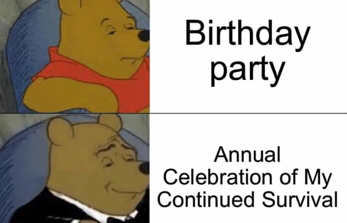 Pooh in a tuxedo turning a birthday party into a survival celebration.