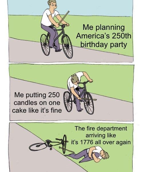 Comic strip of a man planning America's 250th birthday with 250 candles and a fire department arrival.