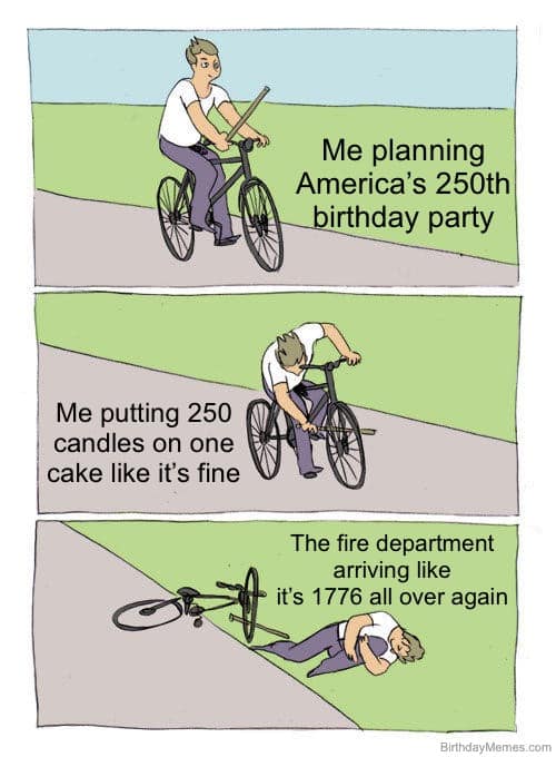 Comic strip of a man planning America's 250th birthday with 250 candles and a fire department arrival.