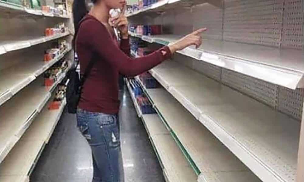 Woman searching empty store shelves, text jokes that mom’s favorite birthday gift is being left alone for a day.