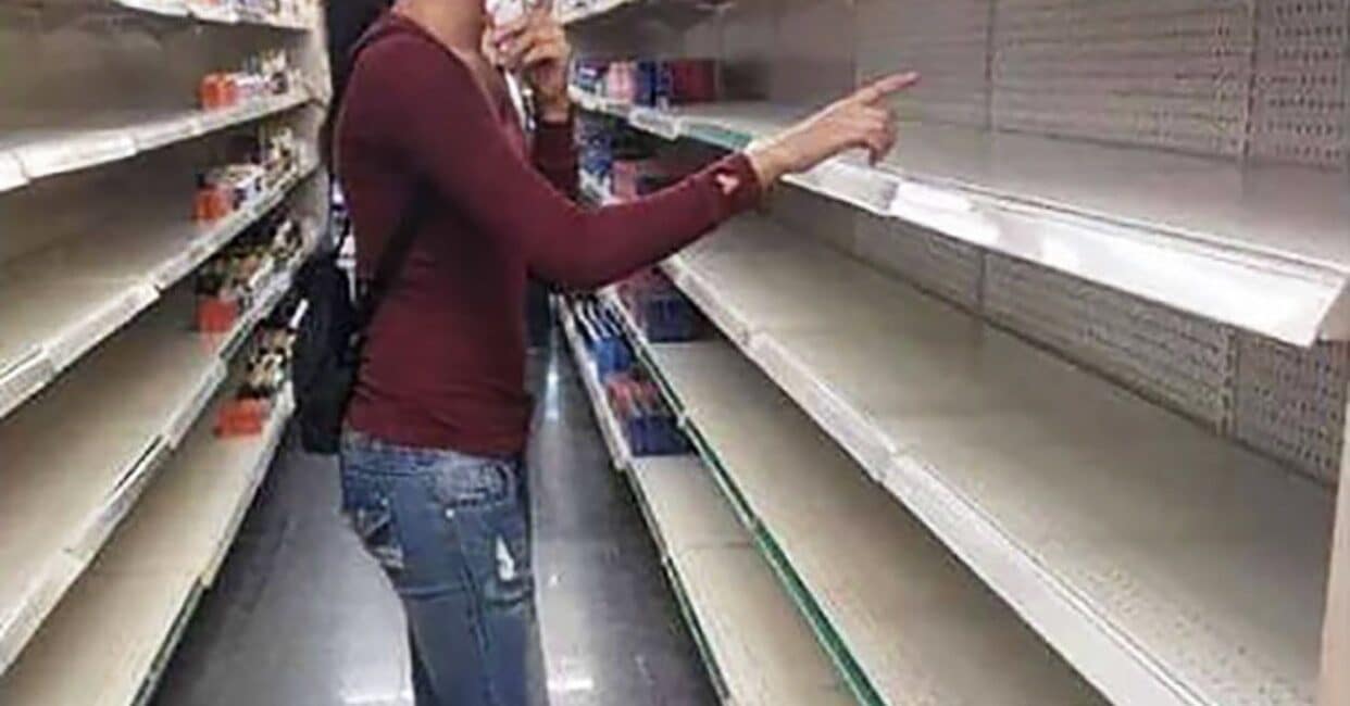Woman searching empty store shelves, text jokes that mom’s favorite birthday gift is being left alone for a day.