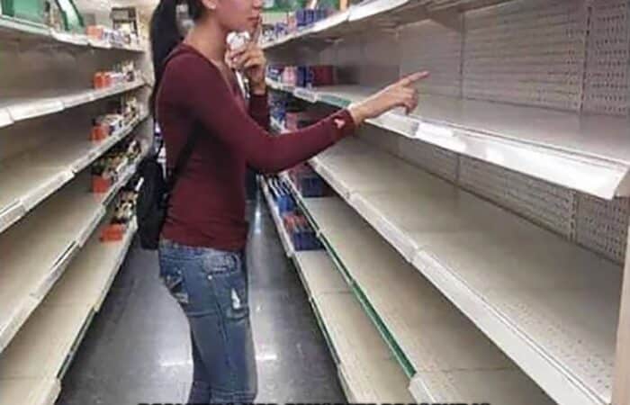Woman searching empty store shelves, text jokes that mom’s favorite birthday gift is being left alone for a day.