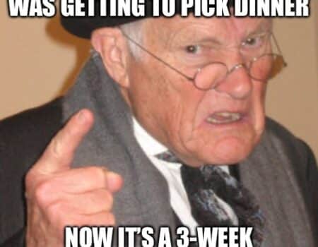 Older man pointing with text about how birthdays used to mean picking dinner and now involve a three-week birthday month.