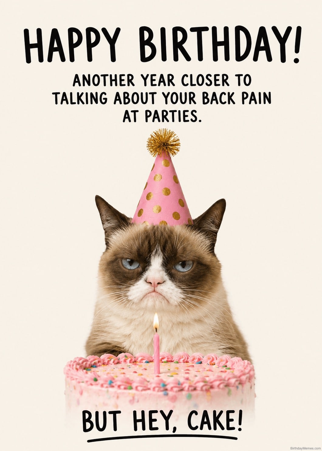 A grumpy cat in a party hat sits behind a pink birthday cake with a single candle. The meme reads: 'Happy Birthday! Another year closer to talking about your back pain at parties. But hey, cake!'