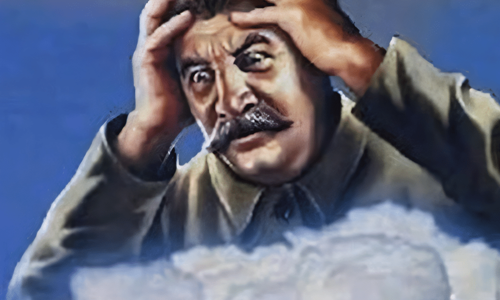 A dramatic man in uniform holds his head with both hands, captioned 'Happy Birthday Comrade Wishing You the Best, Bro.'