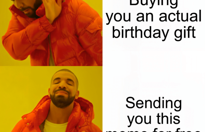 Drake frowning at buying a birthday gift, smiling at sending a meme for free