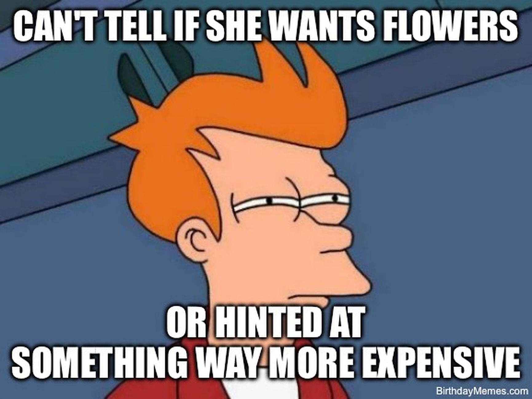 Fry from Futurama squinting with the text: Can't tell if she wants flowers or hinted at something way more expensive.