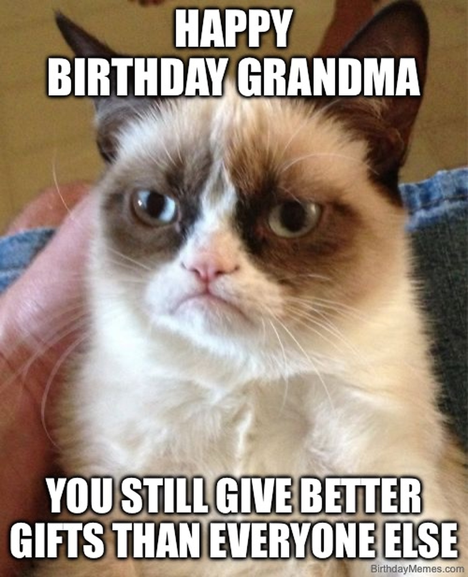 Grumpy Cat with the text: Happy birthday grandma. You still give better gifts than everyone else.
