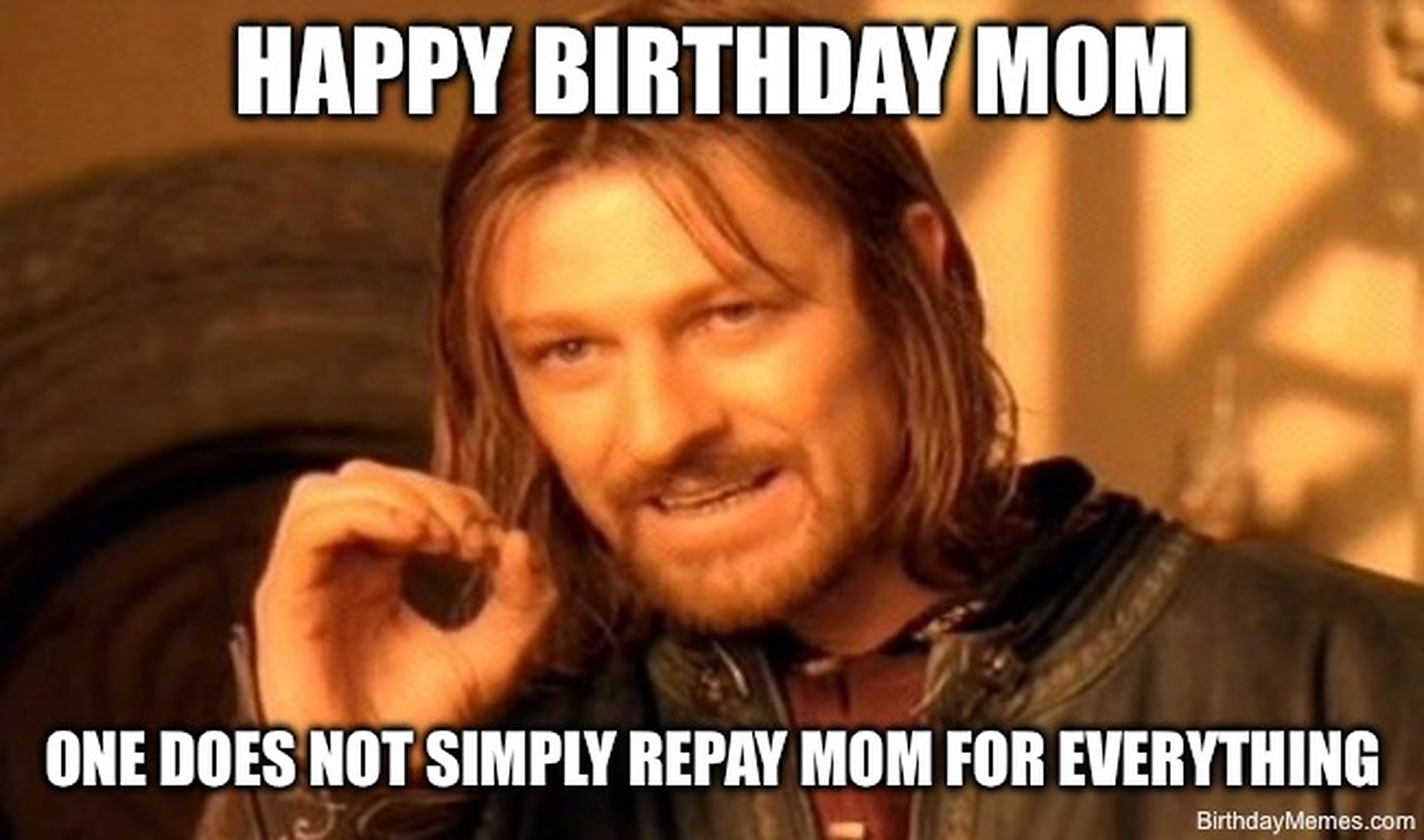 Boromir from Lord of the Rings with the text: Happy birthday mom. One does not simply repay mom for everything.