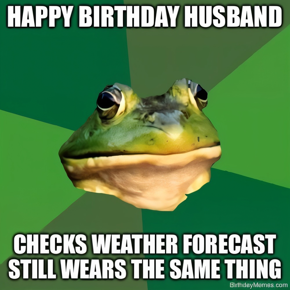 A frog on a green background with text: 'Happy Birthday Husband. Checks weather forecast, still wears the same thing.'