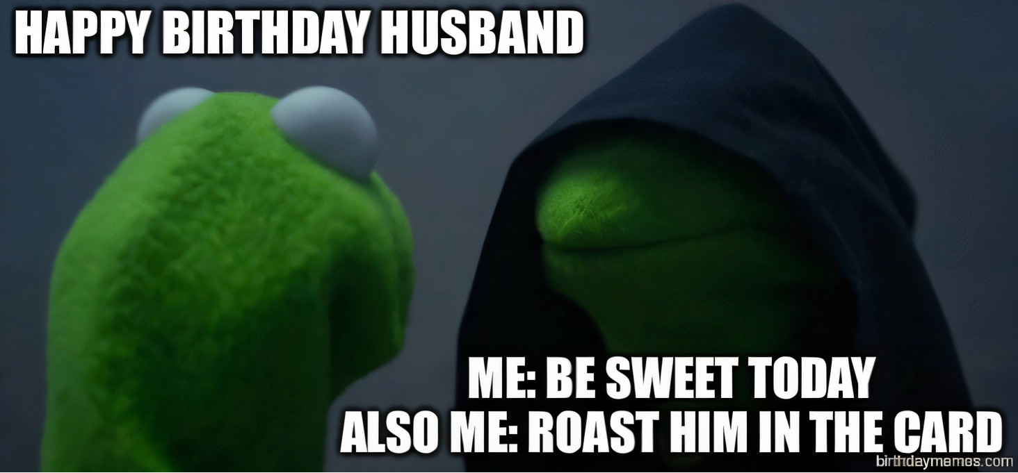 Kermit faces his hooded alter ego. Text: Happy Birthday Husband. Me: Be sweet today. Also me: Roast him in the card.