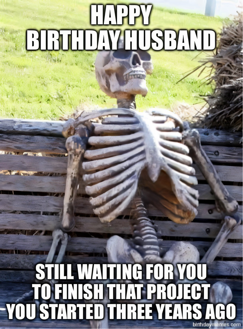 A skeleton sits on a bench outdoors with the text: Happy Birthday Husband. Still waiting for you to finish that project you started three years ago.