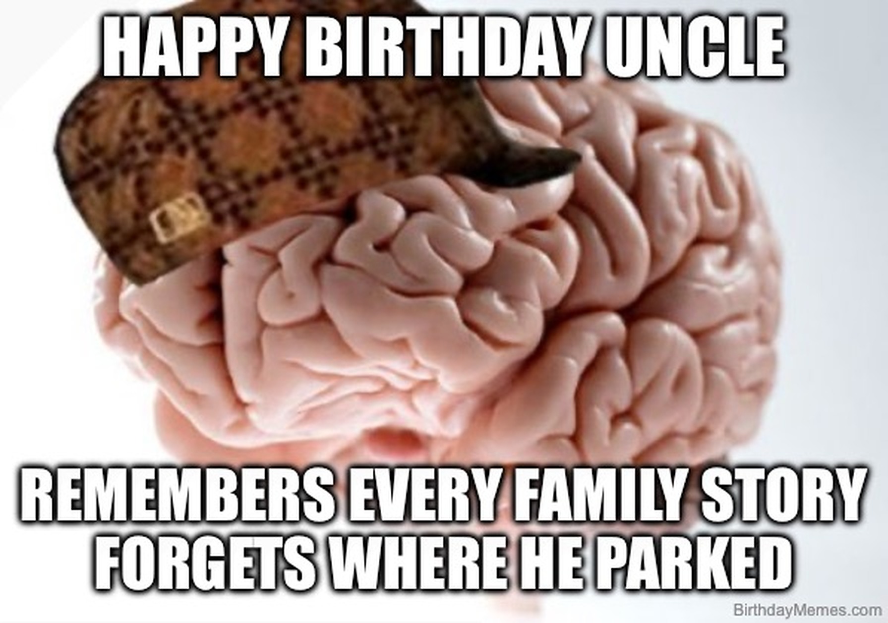 A brain wearing a patterned cap with the text: Happy birthday uncle. Remembers every family story, forgets where he parked.