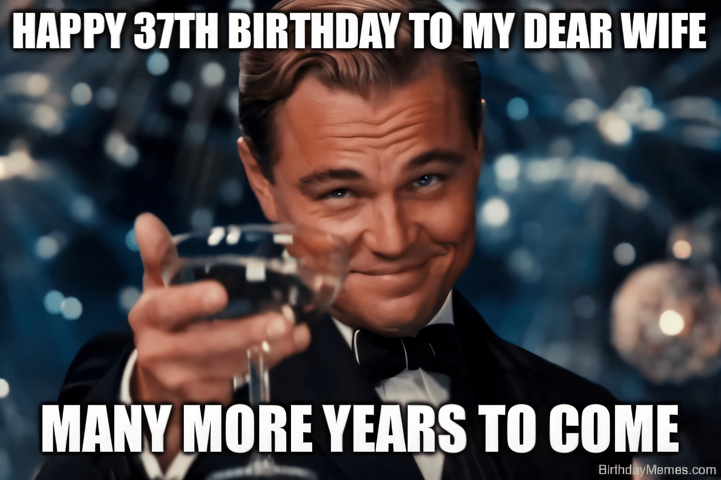 A man in a tuxedo raises a glass with the text 'Happy 37th Birthday to my dear wife. Many more years to come.'