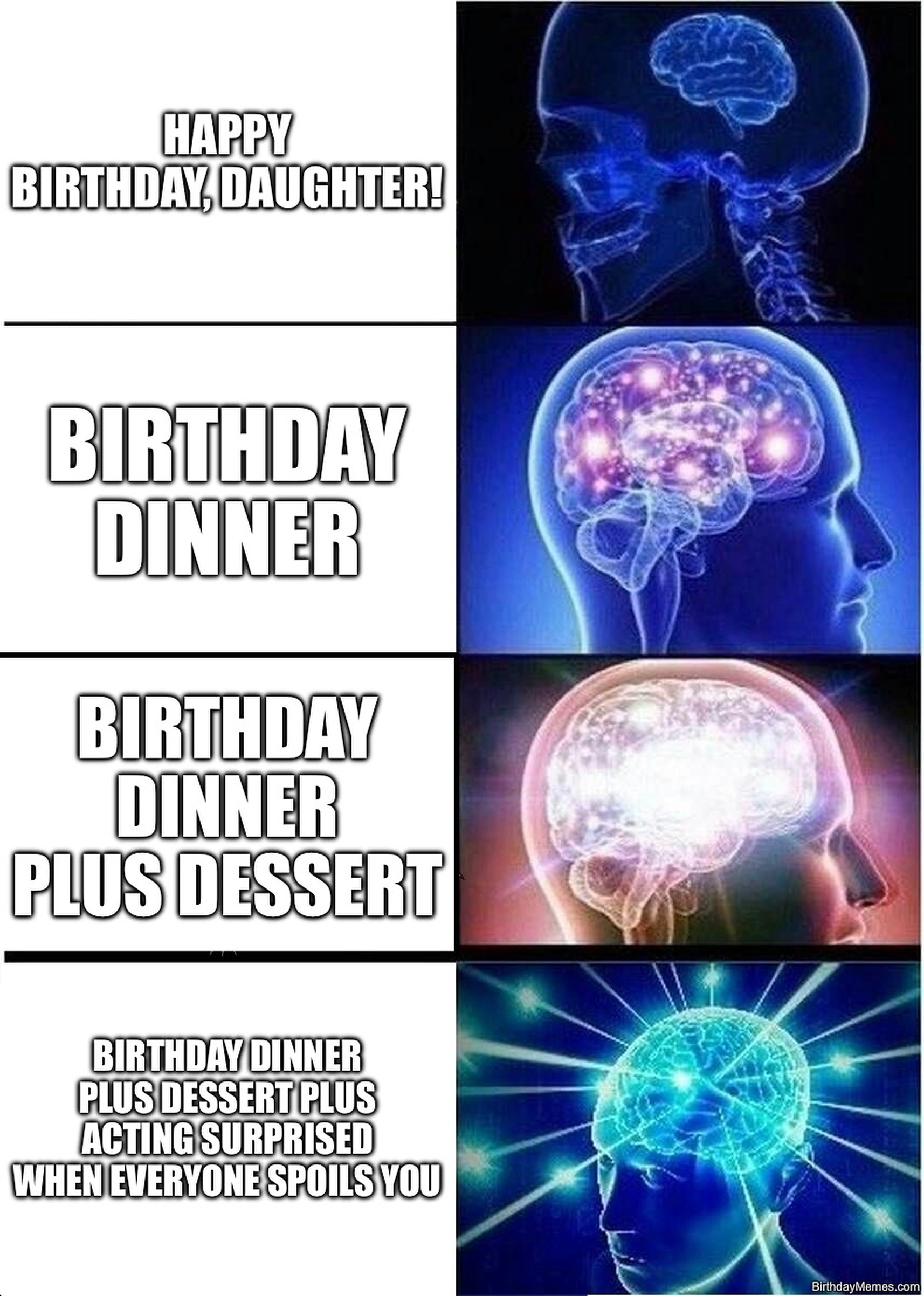 Four-panel expanding brain meme showing birthday wishes, dinner, dessert, and pretending to be surprised when everyone spoils you.