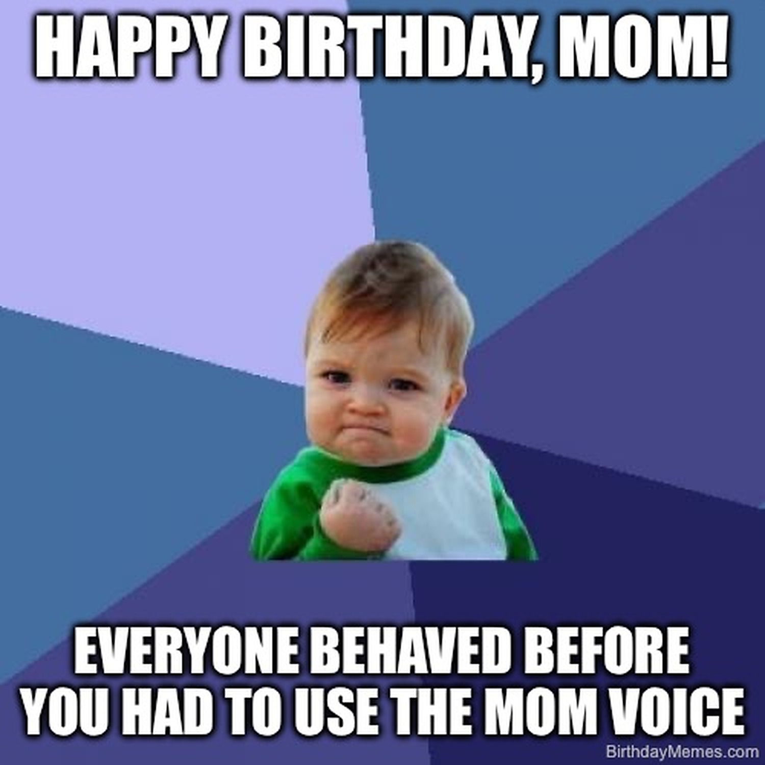 Success Kid meme with text: Happy Birthday, Mom! Everyone behaved before you had to use the mom voice.