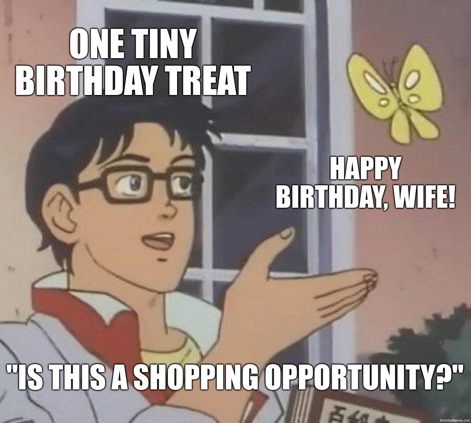 Anime man gestures at a butterfly labeled 'One tiny birthday treat' with the text 'Happy birthday, wife! Is this a shopping opportunity?'