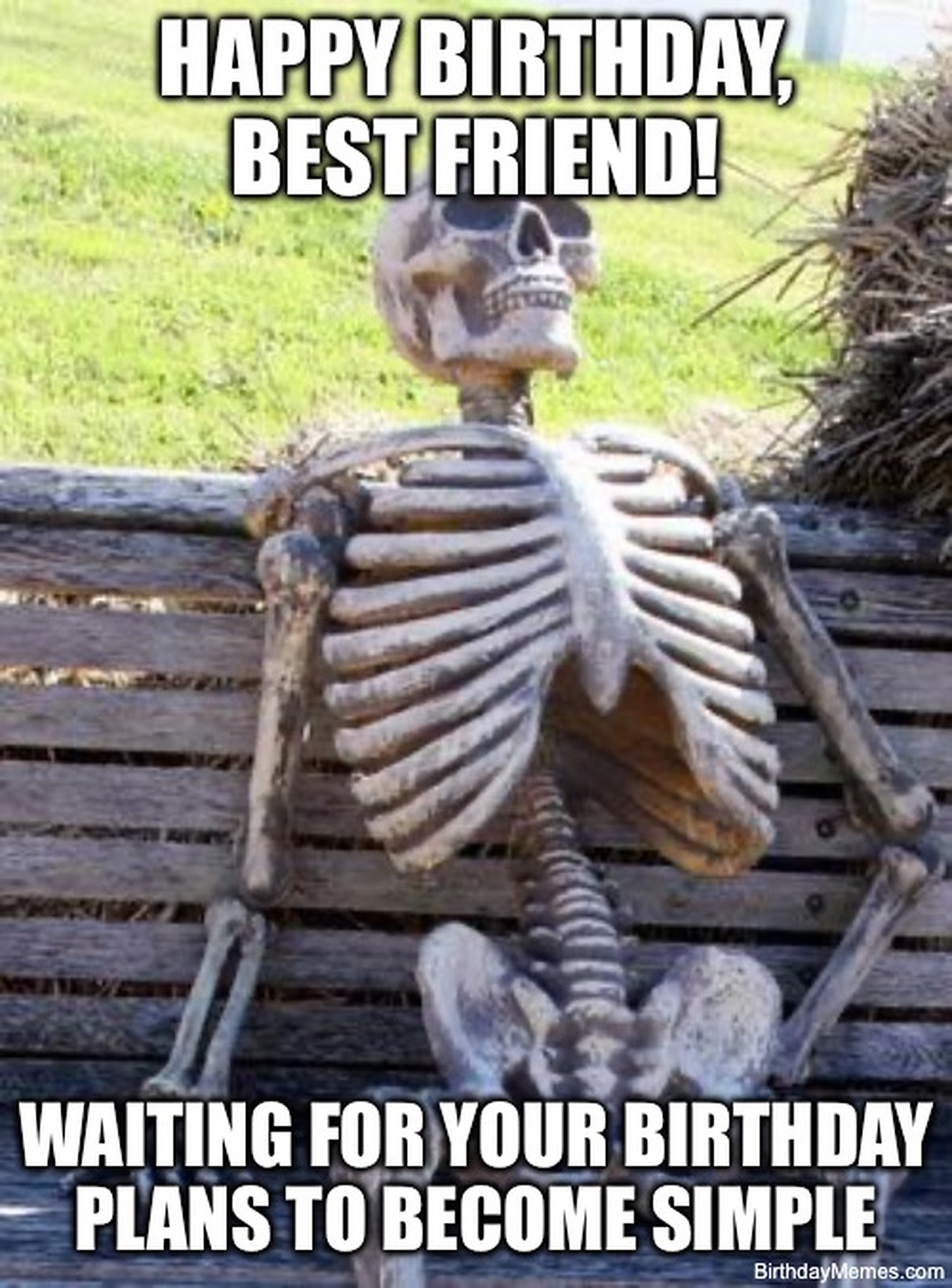 A skeleton sits on a bench with text: Happy Birthday, Best Friend! Waiting for your birthday plans to become simple.