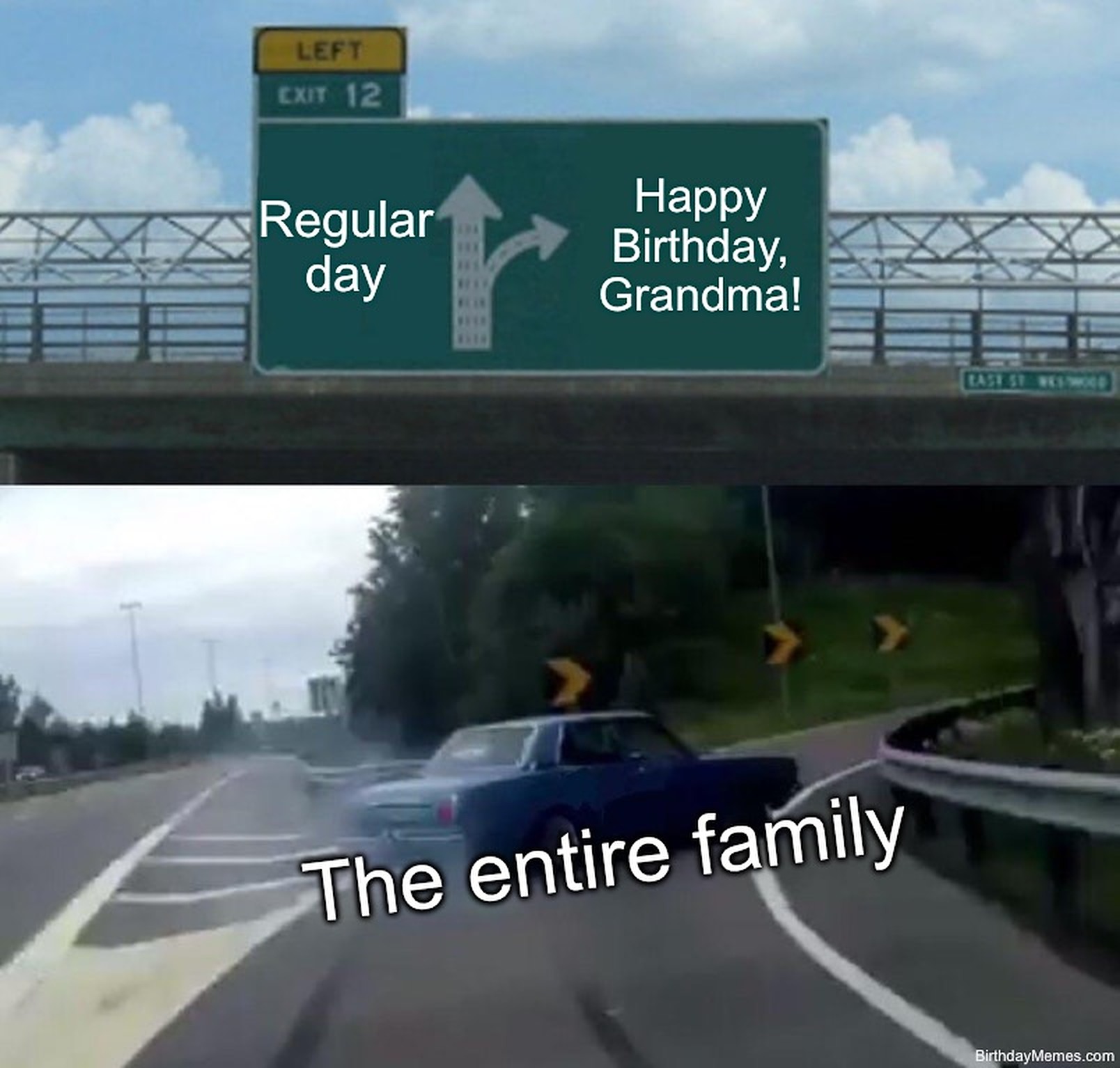 Highway exit meme with a car labeled 'The entire family' veering off 'Regular day' to 'Happy Birthday, Grandma!'