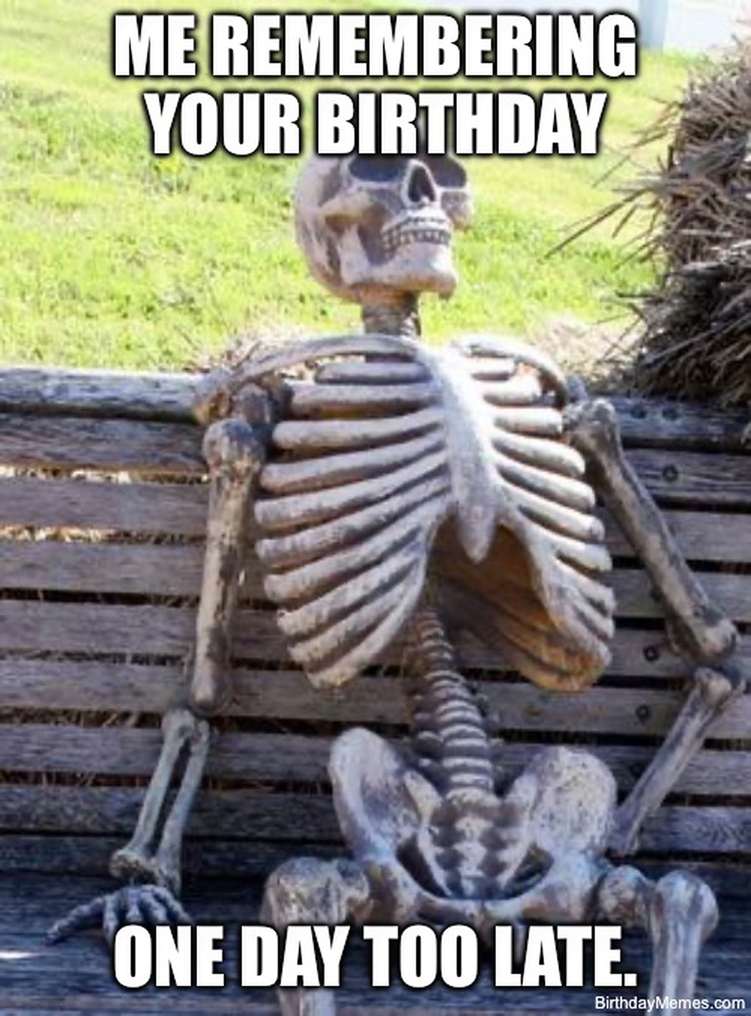 A skeleton sits on a bench with the text: Me remembering your birthday one day too late.