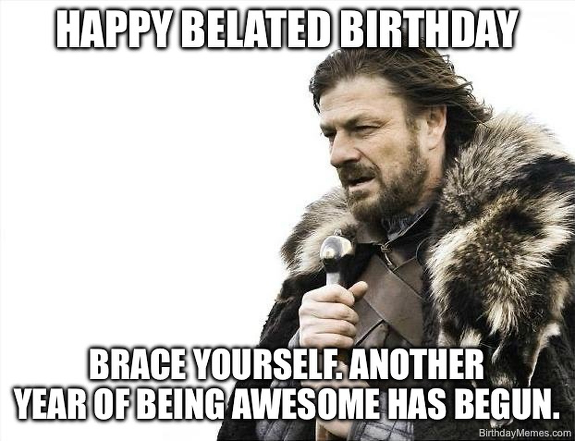 A man in a fur cloak holds a sword with the text: Happy belated birthday. Brace yourself. Another year of being awesome has begun.