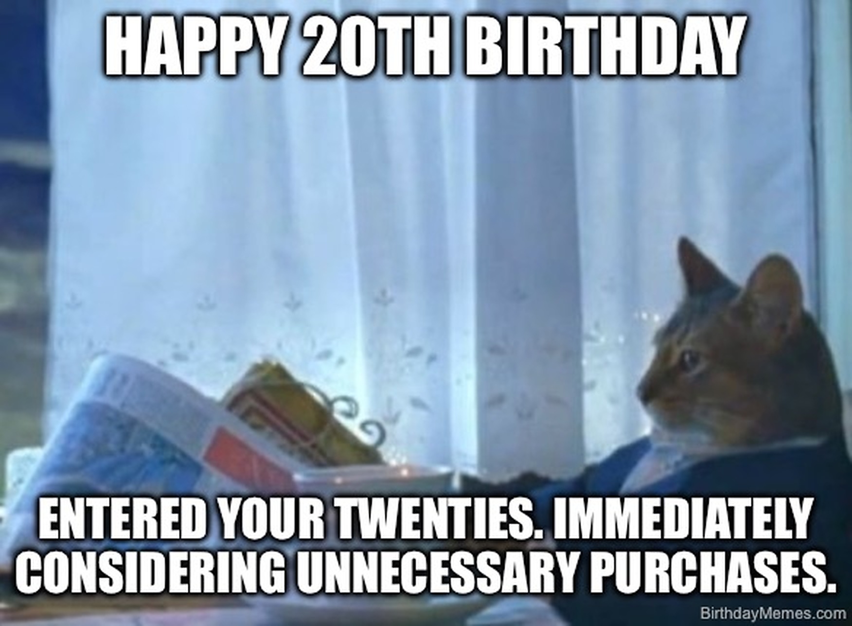 A cat in a suit reads a newspaper with text: 'Happy 20th Birthday. Entered your twenties. Immediately considering unnecessary purchases.'