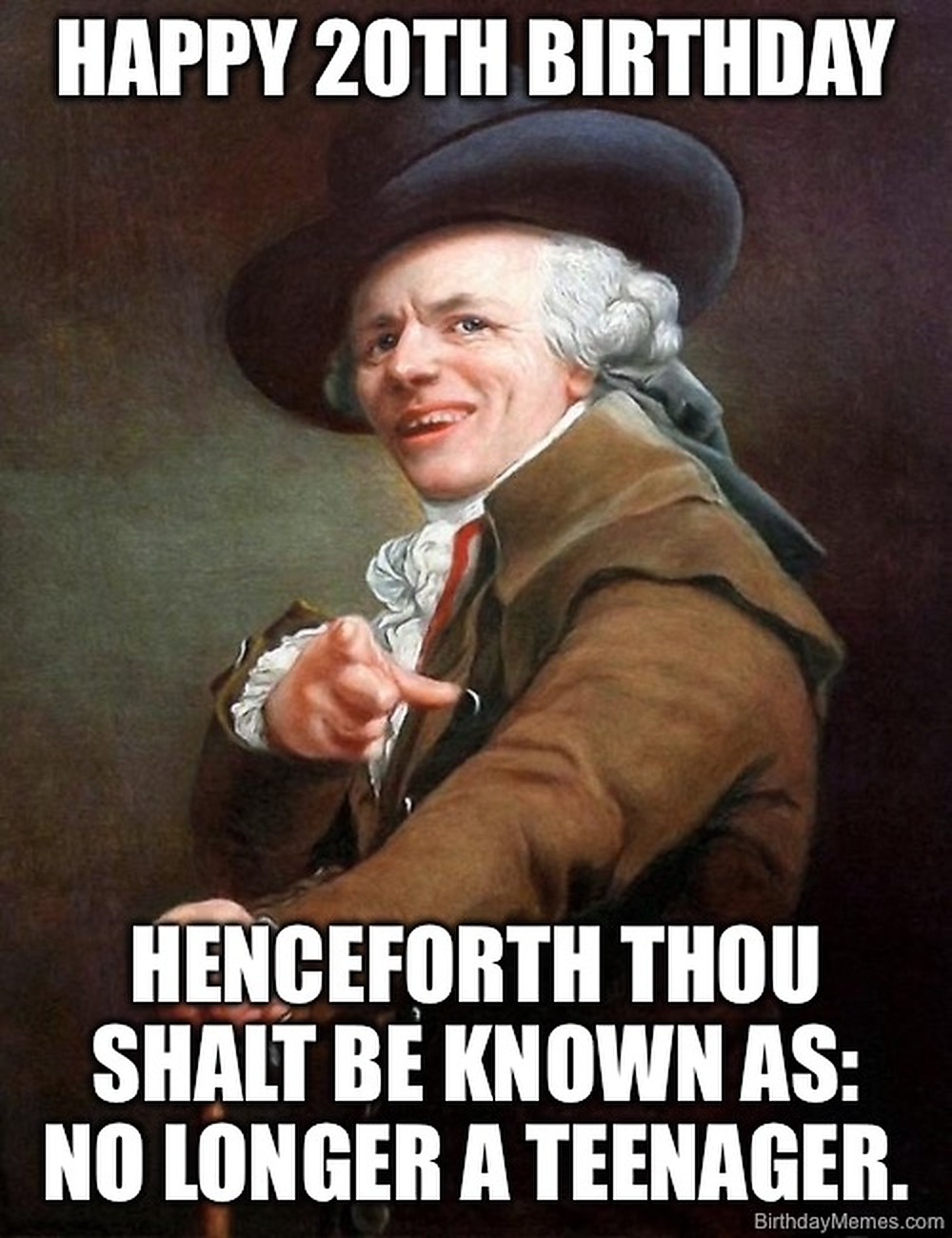 Old painting of a man pointing with the text: Happy 20th birthday. Henceforth thou shalt be known as: no longer a teenager.